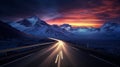 A cinematic journey through twilight, an open road slicing through snow-capped rugged mountains