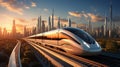 Sleek High-Speed Train Races Through Vibrant Modern Cityscape