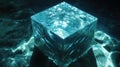 Aqua Cube Rests on Sandy Ground, Light Reflects on Sides and Within Water Royalty Free Stock Photo