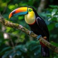 A stunning close-up of a brilliantly colored toucan perched on a tree branch