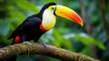 A stunning close-up of a brilliantly colored toucan perched on a tree branch