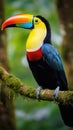 A stunning close-up of a brilliantly colored toucan perched on a tree branch