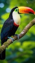 A stunning close-up of a brilliantly colored toucan perched on a tree branch