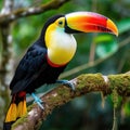 A stunning close-up of a brilliantly colored toucan perched on a tree branch