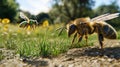 Two Bees Interacting in a Sunny Meadow Close Up Nature Photography AI generated. Royalty Free Stock Photo