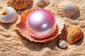 Beautiful Shiny White Pearl Inside Seashell Surrounded by Natural Shells and Sand Close Up Royalty Free Stock Photo