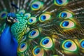 A stunning close-up of a peacock displaying its vibrant feathers in full bloom Royalty Free Stock Photo