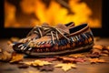 Exquisite Native American-style Beaded Moccasin on Polished Wooden Table