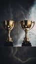 Golden Trophy Cups on Black Marble Pedestal - Modern Design