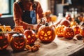 Stunning close-up photograph of a child carving pumpkins for Halloween, emphasizing the creative side of the season and