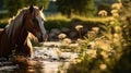 Peaceful Brown Horse Grazing in Vibrant Green Pasture with Creek - Golden Hour Close-Up