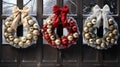 Festive Holiday Wreaths Adorn a Snowy Mountain Cabin Door