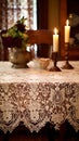 Elegant Lacework: Intricate Ivory Silk Patterns on Mahogany Table