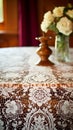 Elegant Lacework: Intricate Ivory Silk Patterns on Mahogany Table