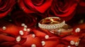 Stunning close-up of red gold wedding rings and vibrant red roses on beautiful bokeh background Royalty Free Stock Photo