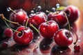 A stunning close-up of ripe cherries glistening with dewdrops, each detail captured with precision