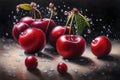 A stunning close-up of ripe cherries glistening with dewdrops, each detail captured with precision