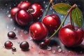 A stunning close-up of ripe cherries glistening with dewdrops, each detail captured with precision