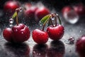 A stunning close-up of ripe cherries glistening with dewdrops, each detail captured with precision