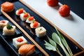 A Masterpiece of Japanese Cuisine: Close-Up of a Meticulously Arranged Sushi Platter with Fresh, Vibrant Ingredients with Royalty Free Stock Photo