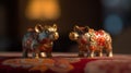 Gold Chinese Zodiac Rat and Ox Figurines on Red Cloth