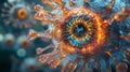 A stunning close-up of a virus particle, showcasing a vibrant, eye-like core with intricate glowing patterns, highlighting its