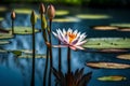 A stunning close-up of a waterlily blossom in the water with a blurred blue background