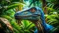 A Stunning CloseUp of a Blue Velociraptor in a Lush Jungle Setting Masterful Rule of Thirds Composition for