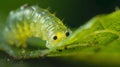 A stunning closeup of a tiny translucent larva eating its way through a leaf showcasing the unseen transformation of