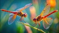 Stunning CloseUp of Two Vibrant Firecracker Dragonflies One Perched One in Flight Capturing the Essence of Summer Royalty Free Stock Photo