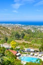 Stunning coastal landscape in Cypriot Kyrenia region taken in late summer. Rural houses and hotel complexes Royalty Free Stock Photo