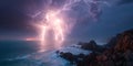 Stunning Coastal Lightning Dramatic Ocean Night Scene Royalty Free Stock Photo