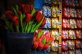 Traditional wooden shoes and wooden tulips in souvenir shop, Netherlands Royalty Free Stock Photo
