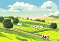 Stunning Colorful Illustration of a Peaceful Green Country Scene with Grazing Cows and a Blue Sky with White Clouds