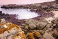 Stunning colors of rocks in orange and seaweed in red on the Indian Ocean coastline of Port Elizabeth, South Africa