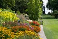 Stunning, colourful mixed perennial flower borders at the RHS Wisley garden, Surrey UK.