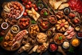 A stunning composition of a platter of assorted tapas, showcasing the variety of small, flavorful Spanish dishes in high-