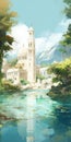 Stunning Orientalist Digital Illustration: Church, Trees, And Water Royalty Free Stock Photo