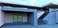 Stunning concept of an entrance to the luxury high tech house. Concrete finishing. 3d render.