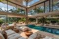 Luxury Modern Indoor-Outdoor Living Room with Swimming Pool and Tropical Garden Views - Ideal for Architectural Print Royalty Free Stock Photo