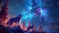 Cosmic Pack of Wolves in a Beautiful Forest in a Starry Nebula Background