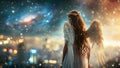 Beautiful Contemporary Angel City Girl in a Modern Metropolis in a Cosmic Background Royalty Free Stock Photo