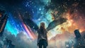 Beautiful Contemporary Angel City Girl in a Modern Metropolis in a Cosmic Background Royalty Free Stock Photo