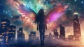 Beautiful Contemporary Angel City Girl in a Modern Metropolis in a Cosmic Background Royalty Free Stock Photo