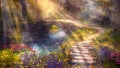 Fantasy Fairytale Magical Forest River With a Bridge Under a Magical Soothing Sunlight Royalty Free Stock Photo