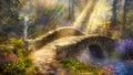 Fantasy Fairytale Magical Forest River With a Bridge Under a Magical Soothing Sunlight Royalty Free Stock Photo