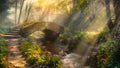 Fantasy Fairytale Magical Forest River With a Bridge Under a Magical Soothing Sunlight Royalty Free Stock Photo