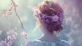 Beautiful Fairytale Princess With Long Wavy Brown Hair Tied in a Gorgeous Braided Hairstyle in a Dreamy Flowery Dress Royalty Free Stock Photo