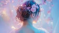 Beautiful Fairytale Princess With Long Wavy Brown Hair Tied in a Gorgeous Braided Hairstyle in a Dreamy Flowery Dress Royalty Free Stock Photo
