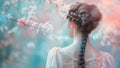Beautiful Fairytale Princess With Long Wavy Brown Hair Tied in a Gorgeous Braided Hairstyle in a Dreamy Flowery Dress Royalty Free Stock Photo